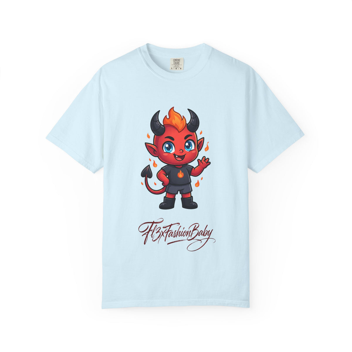 Devil Baby Graphic T-Shirt — Cute Red Demon Cartoon Tee with "FBfashionBaby" Script
