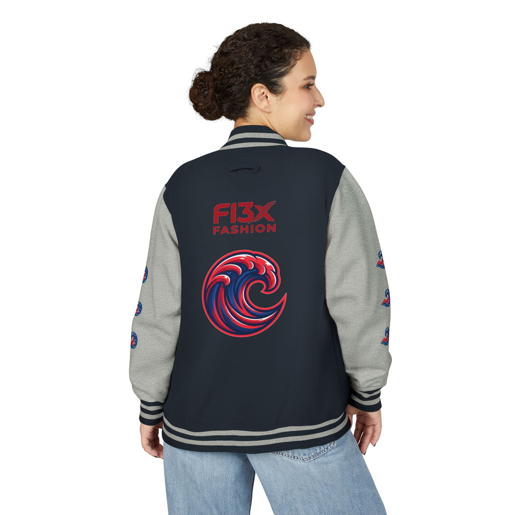 Letterman Jacket — Red Wave Graphic Varsity Jacket with 'F13X Fashion' Logo