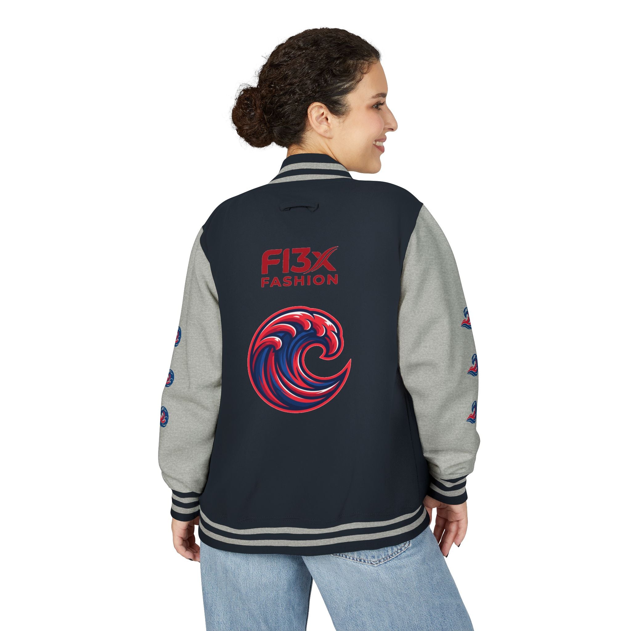 Letterman Jacket — Red Wave Graphic Varsity Jacket with 'F13X Fashion' Logo