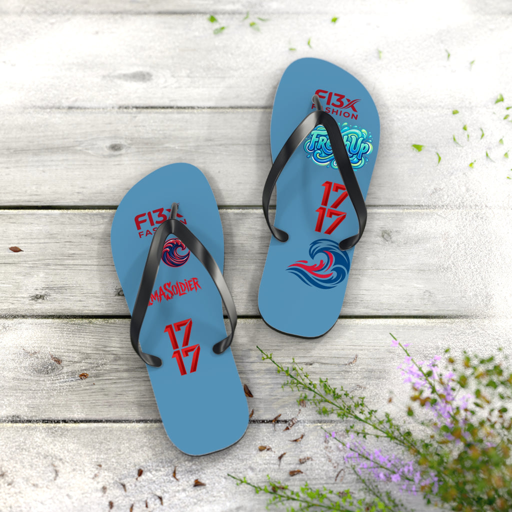 Blue Graphic Flip Flops – Surf Wave Design with '17 17' and Bold Logos
