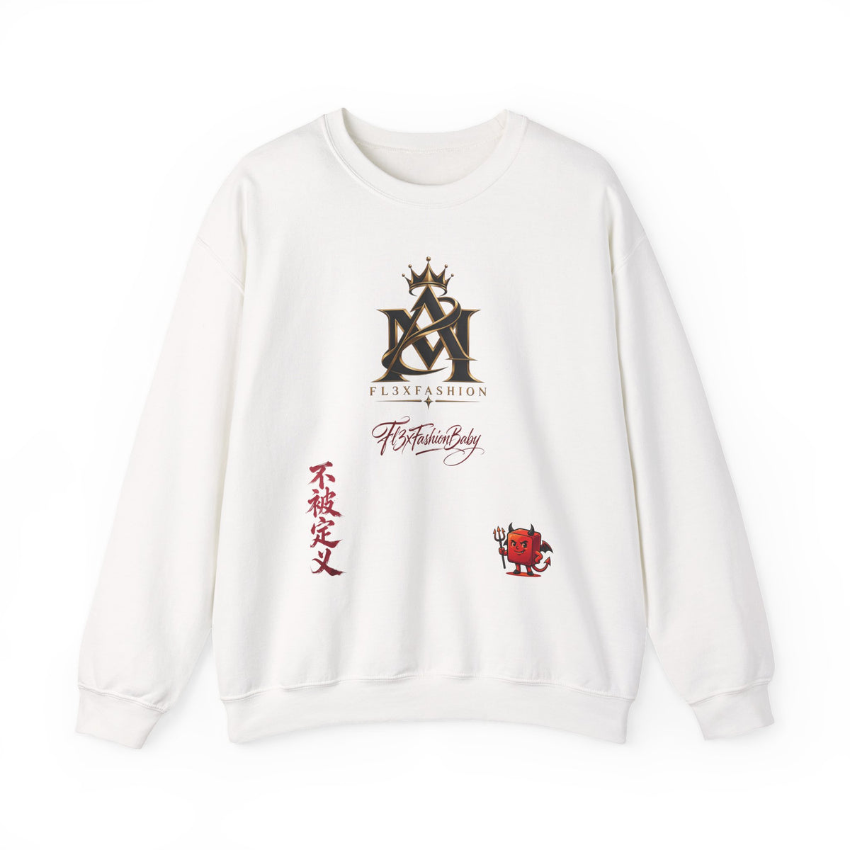 Asian-Inspired Logo Crewneck Sweatshirt — Monogram, Kanji & Lucky Charm Design