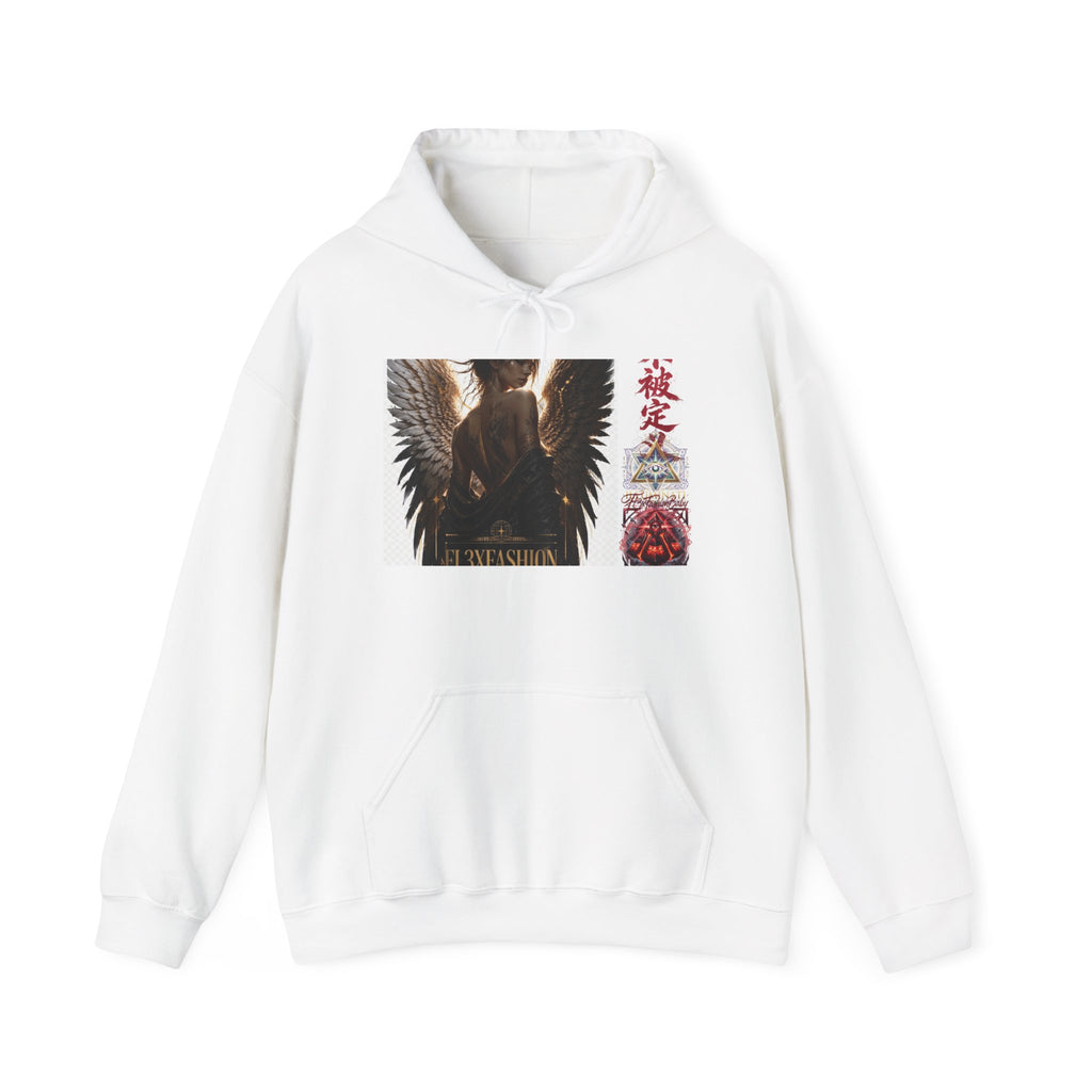 Angel Wings Graphic Hoodie — Dark Fantasy Japanese Script Design