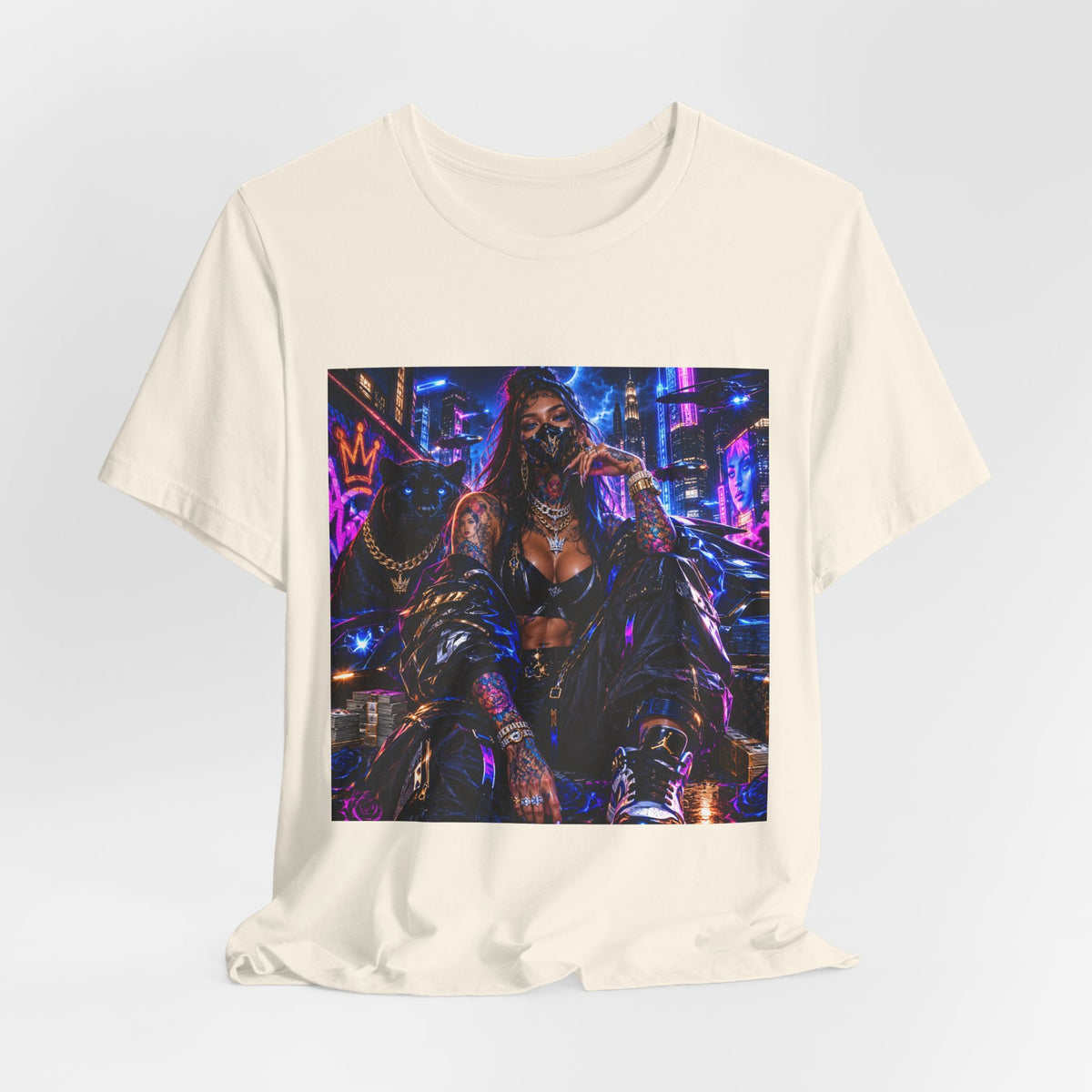 Cyberpunk Streetwear Tee — Neon Masked Woman Graphic T-Shirt
