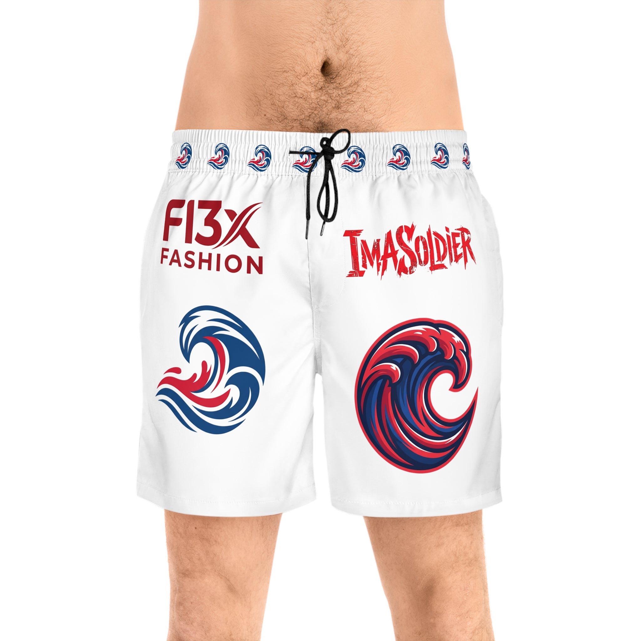 Men's Swim Shorts — Red & Blue Wave Logo Boardshorts with 'F13X Fashion' & 'ImaSoldier'