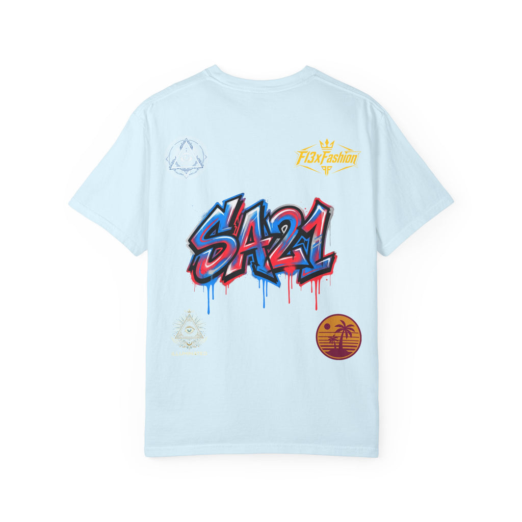 SA21 Graffiti T-Shirt — Urban Streetwear Tee with Drip Art & Tropical Patch