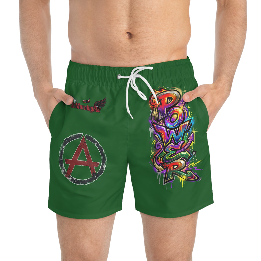 Green Graphic Swim Trunks — Pow! Graffiti & Mystic Eye AOP