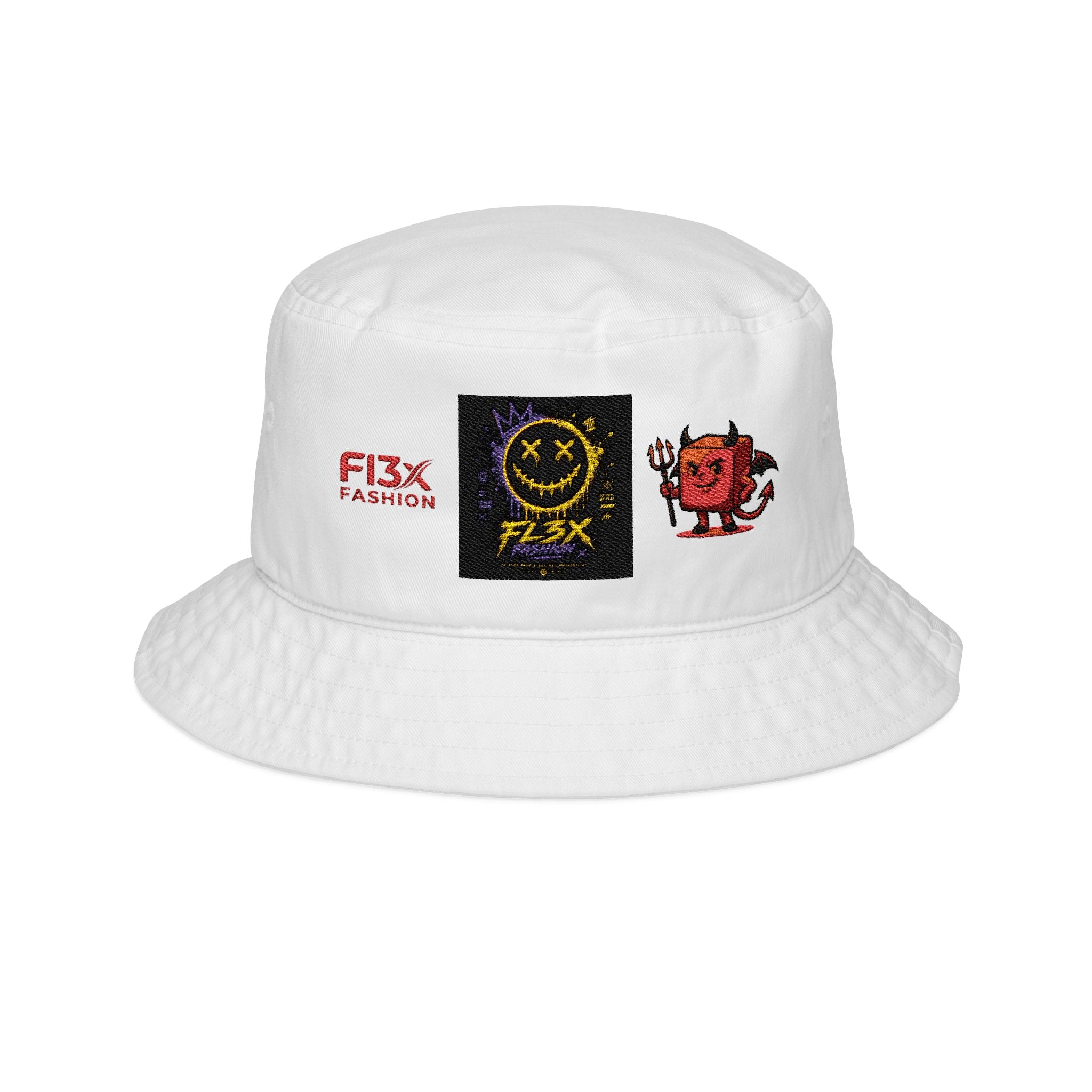 Embroidered Graphic Bucket Hat — Smiley Skull & Devil Icons