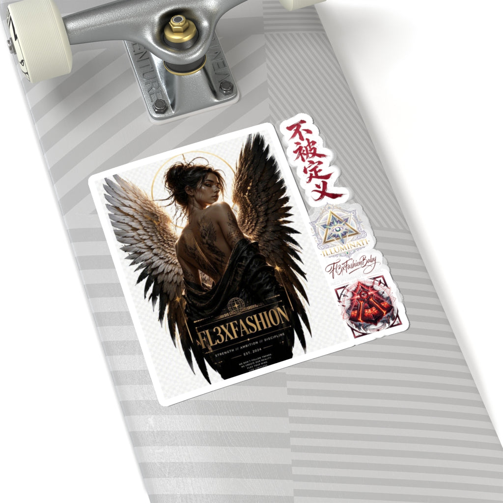 Dark Angel Kiss-Cut Sticker Sheet — Gothic Winged Woman, Japanese Script & Occult Icons