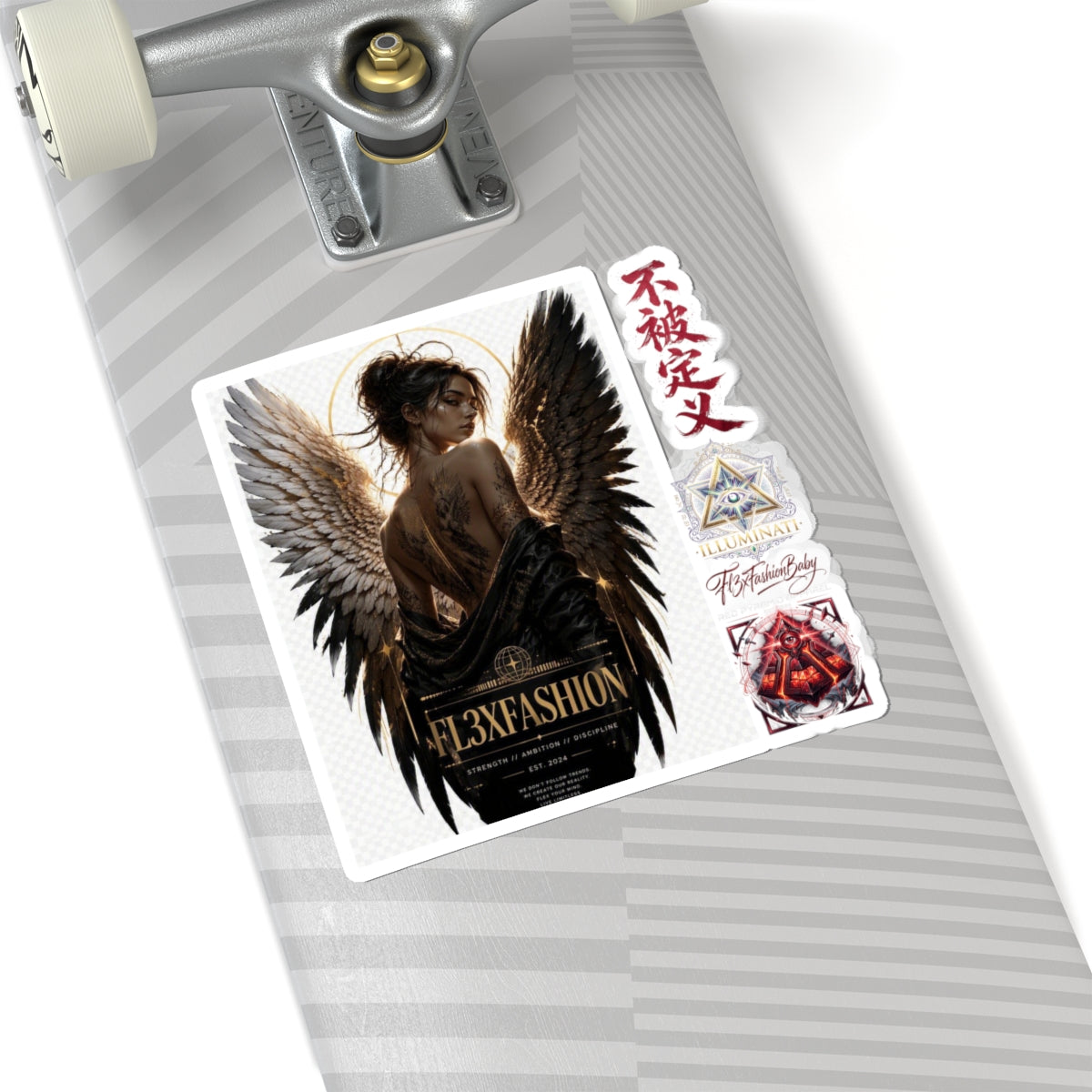 Dark Angel Kiss-Cut Sticker Sheet — Gothic Winged Woman, Japanese Script & Occult Icons