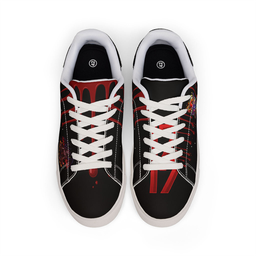 Low-Top Sneakers — Black Red Drip Graphic Leather Trainers