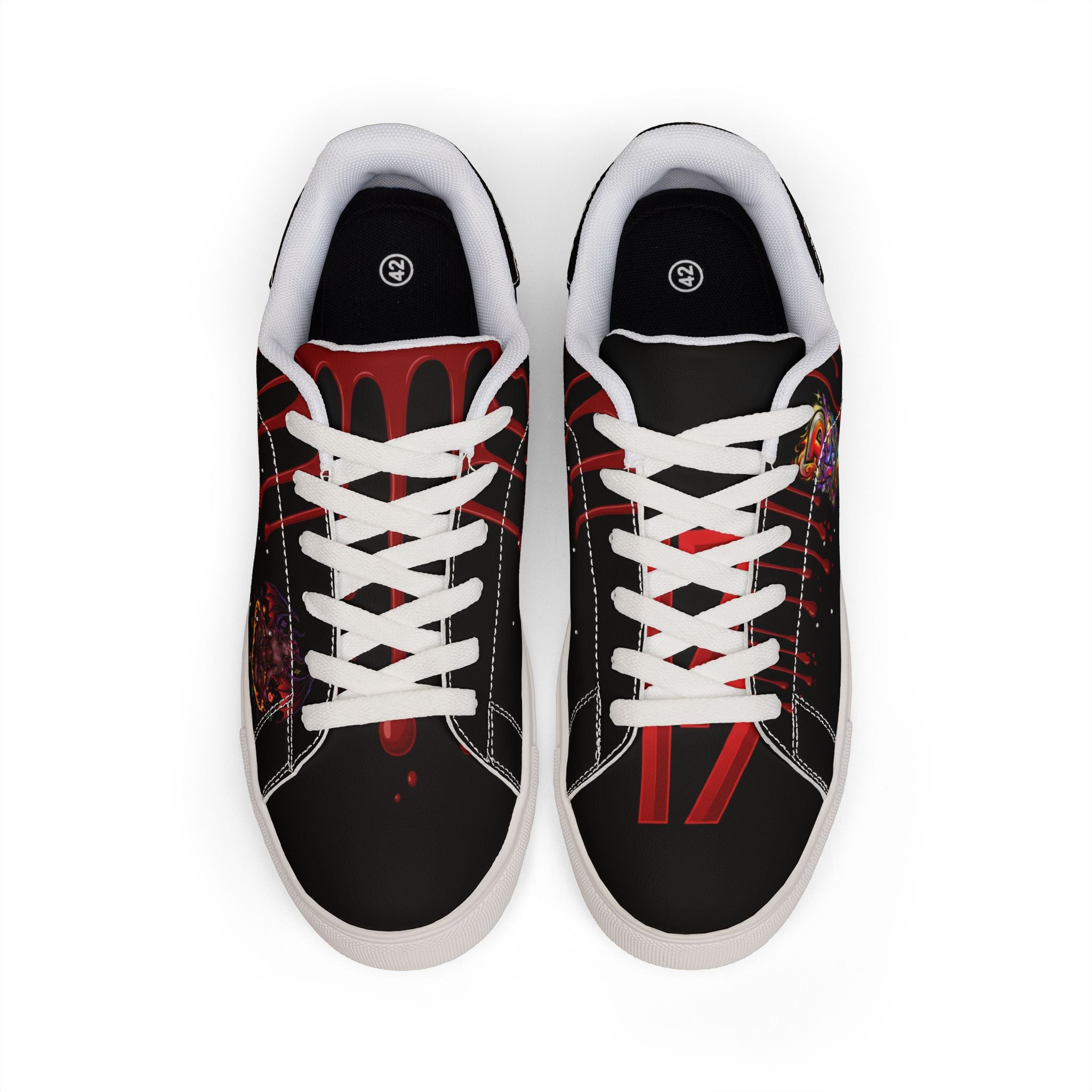 Low-Top Sneakers — Black Red Drip Graphic Leather Trainers