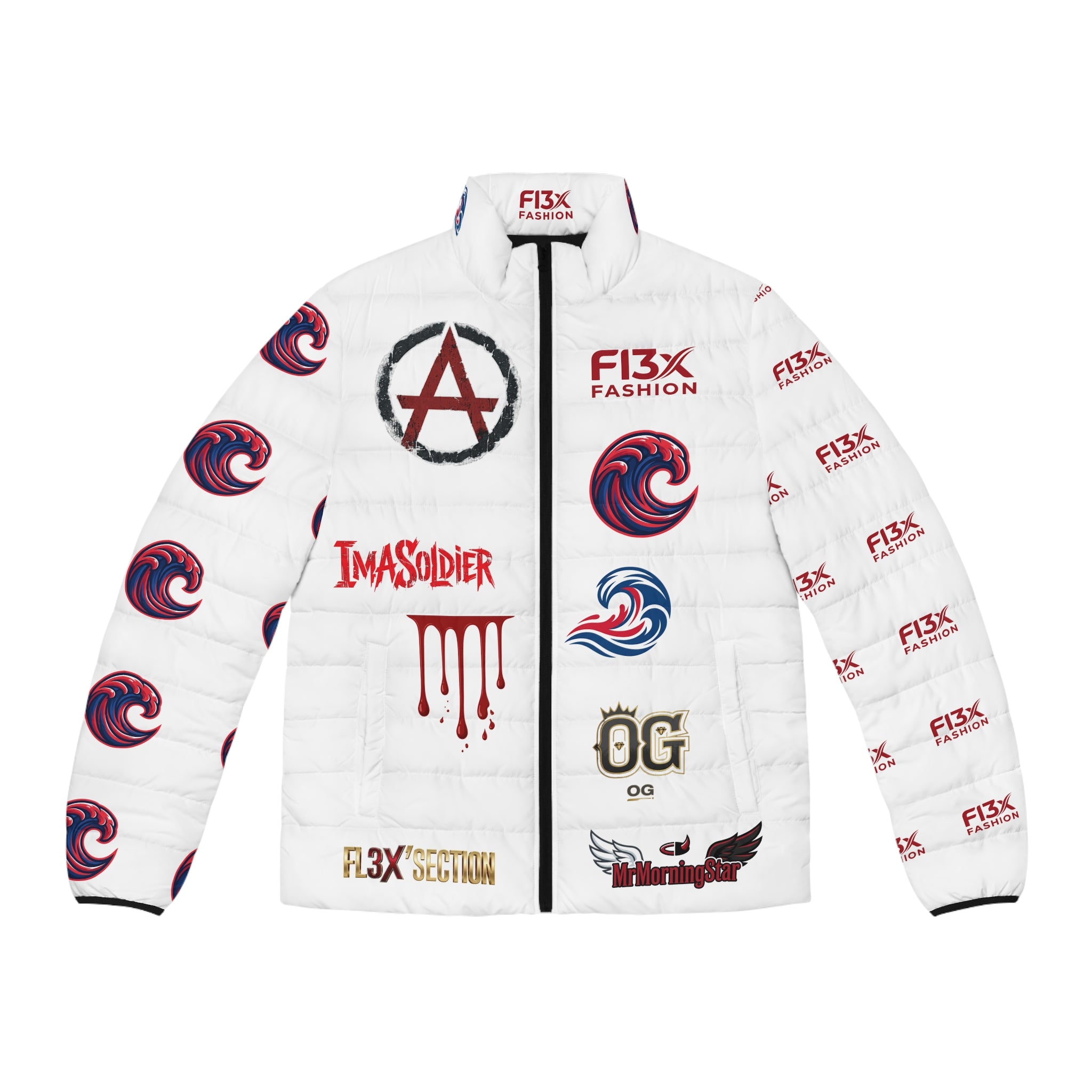 Men's Puffer Jacket — Bold Graphic Streetwear Puffer with Monkey Logo & 'I'm a Soldier' Accents