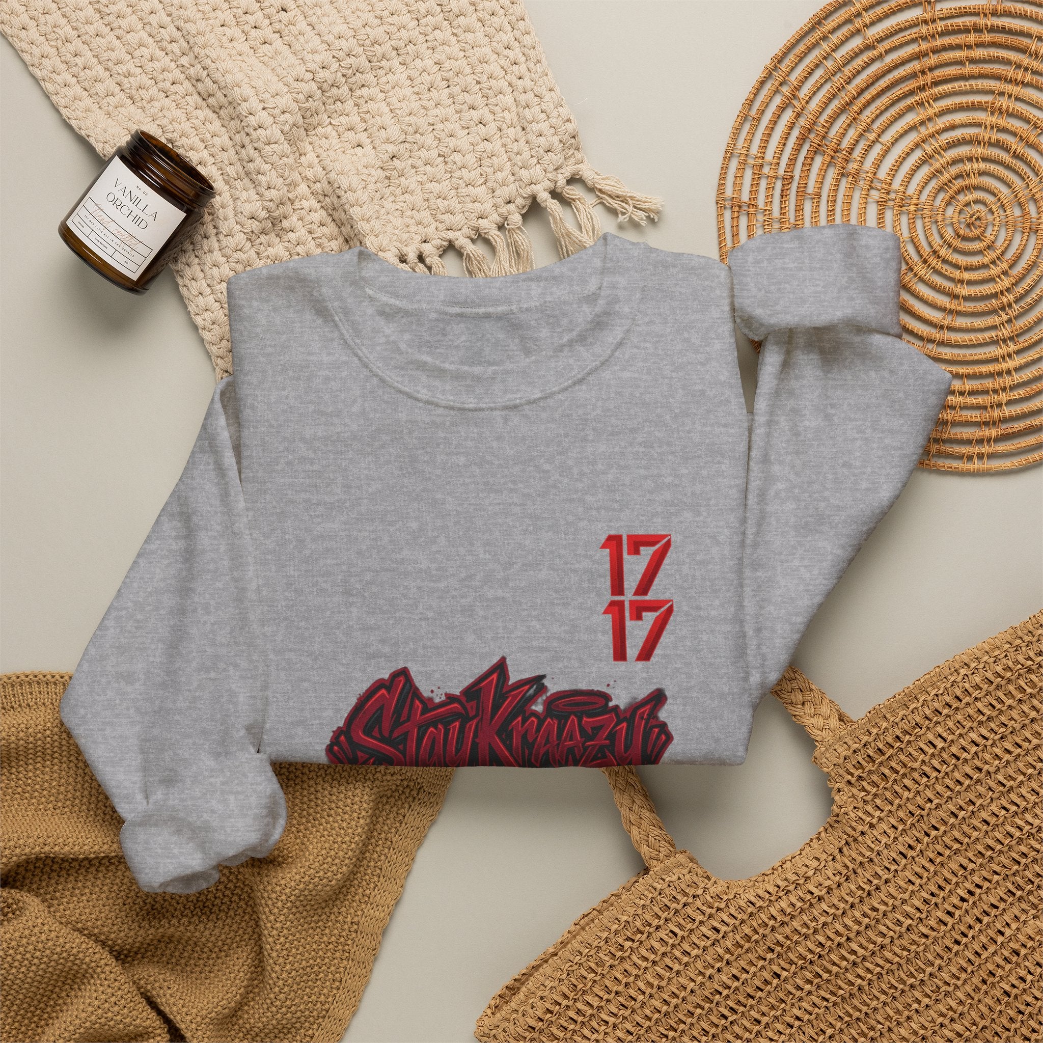 Streetwear Crewneck Sweatshirt — Graffiti 'Stay Krazy' Design with 17/17 Sleeve Accents