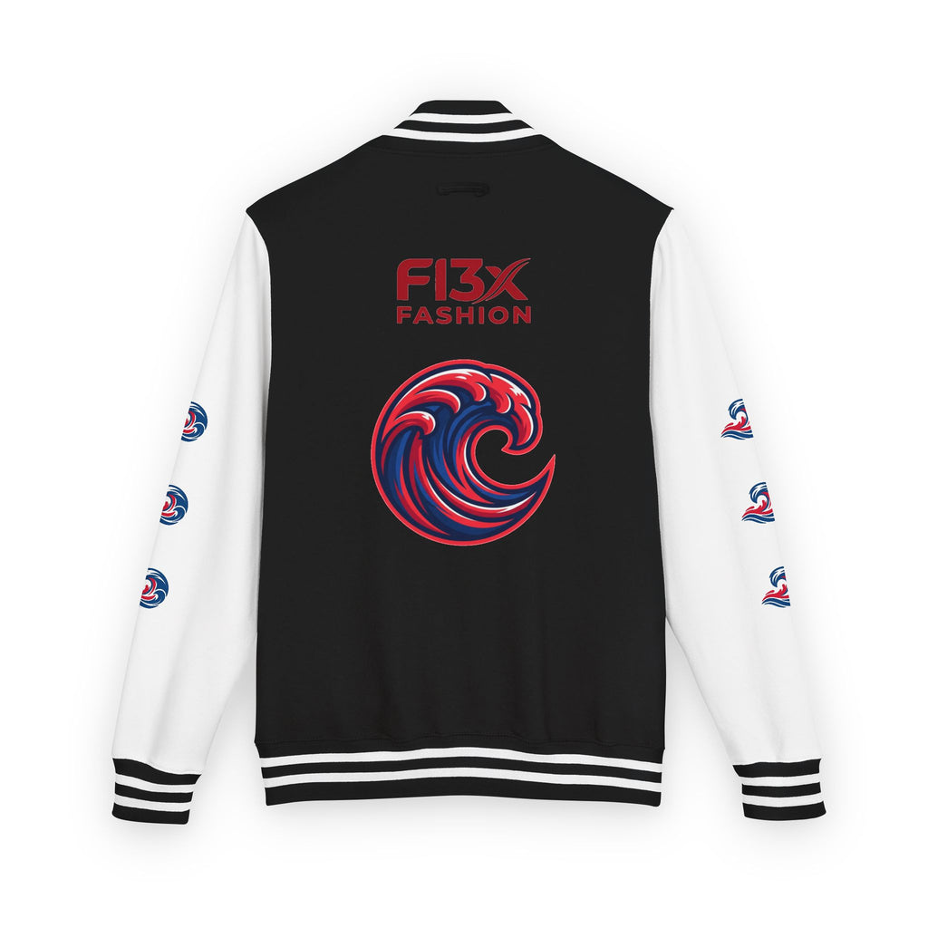 Letterman Jacket — Red Wave Graphic Varsity Jacket with 'F13X Fashion' Logo