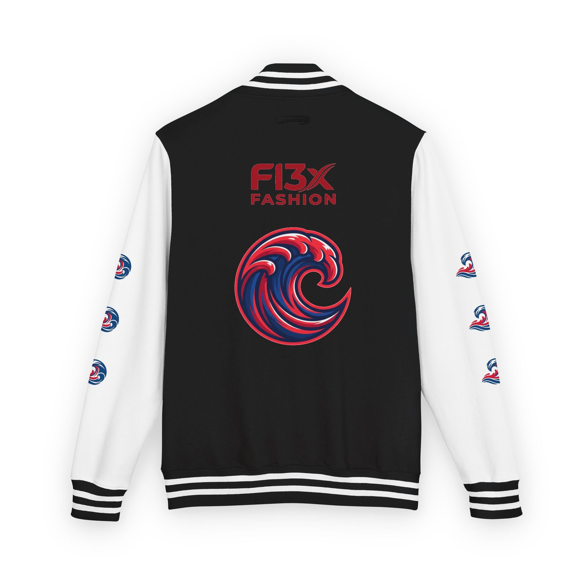 Letterman Jacket — Red Wave Graphic Varsity Jacket with 'F13X Fashion' Logo