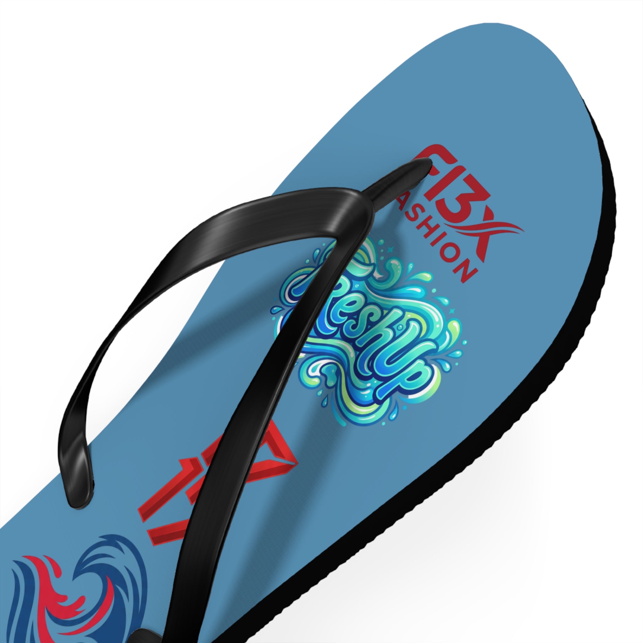 Blue Graphic Flip Flops – Surf Wave Design with '17 17' and Bold Logos