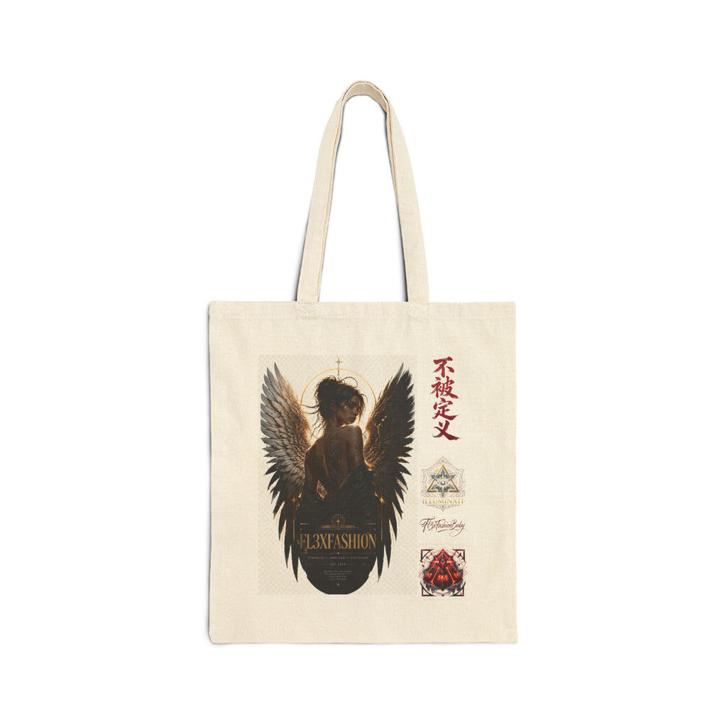 Angel Wings Graphic Tote Bag — Dark Fantasy Cotton Canvas Tote with Gothic Kanji Accents