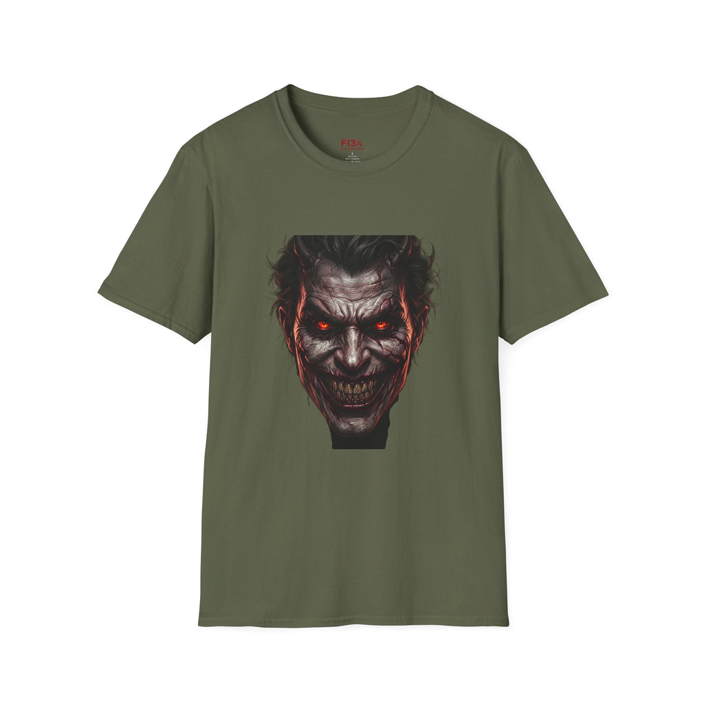 Horror Joker Face T-Shirt — Red-Eyed Villain Graphic Tee