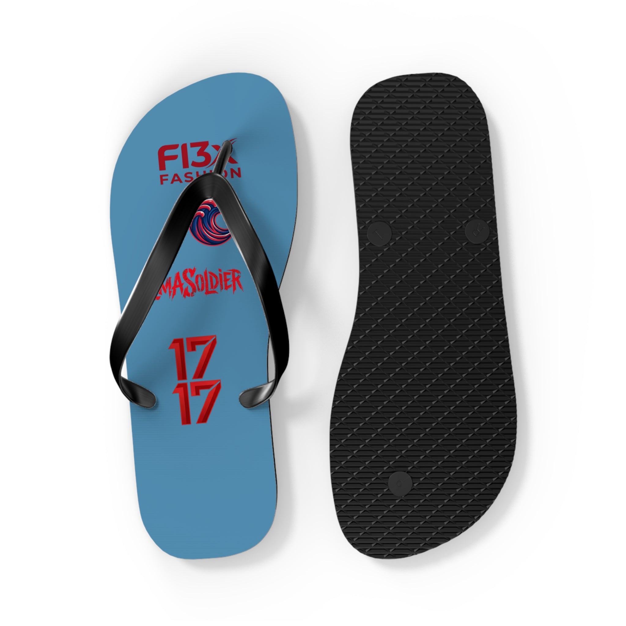 Blue Graphic Flip Flops – Surf Wave Design with '17 17' and Bold Logos