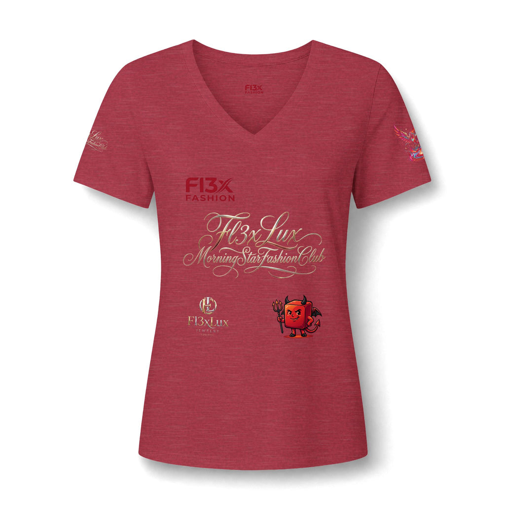Women's V-Neck Tee — 'F13x Fashion' Floral Logo & Devil Graphic