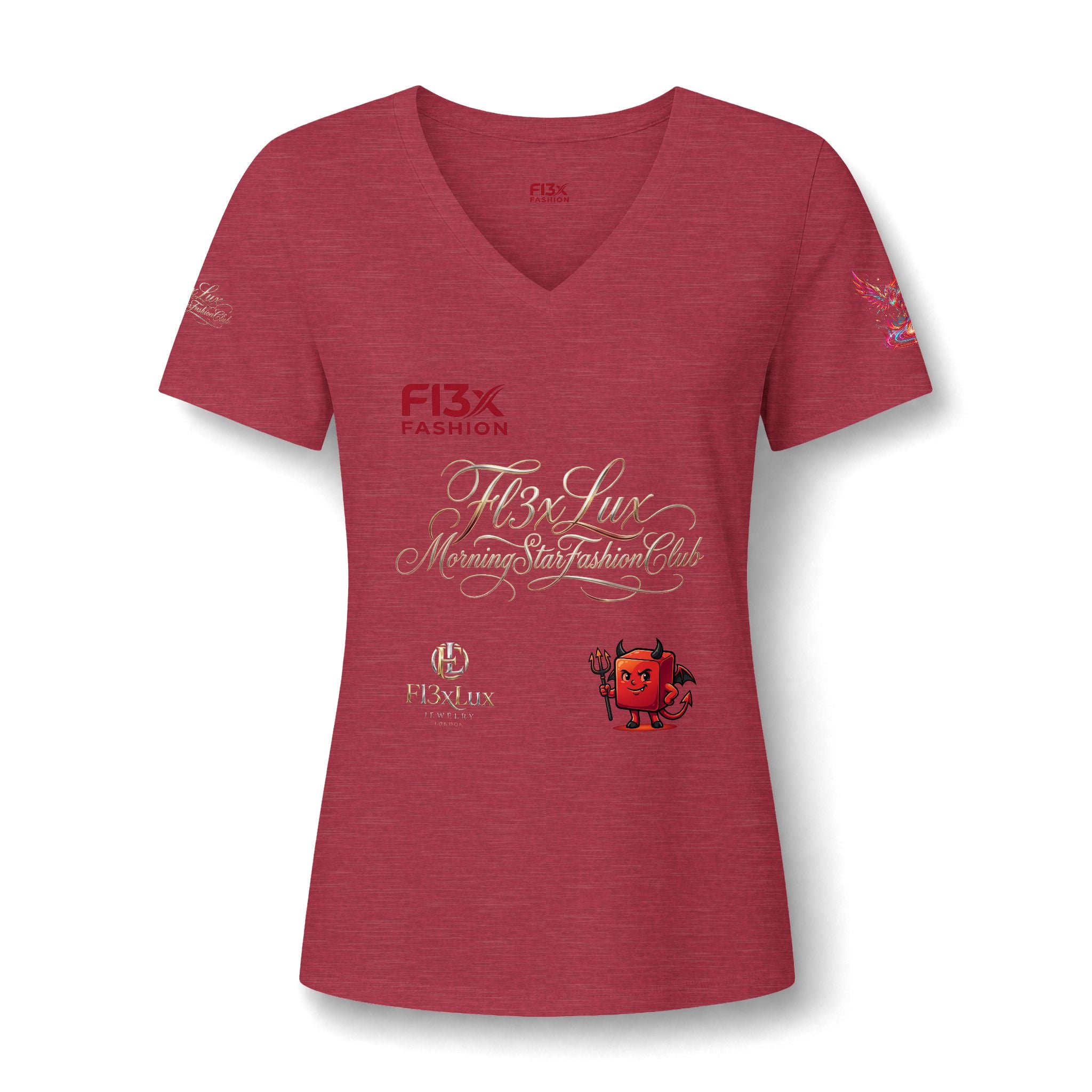 Women's V-Neck Tee — 'F13x Fashion' Floral Logo & Devil Graphic
