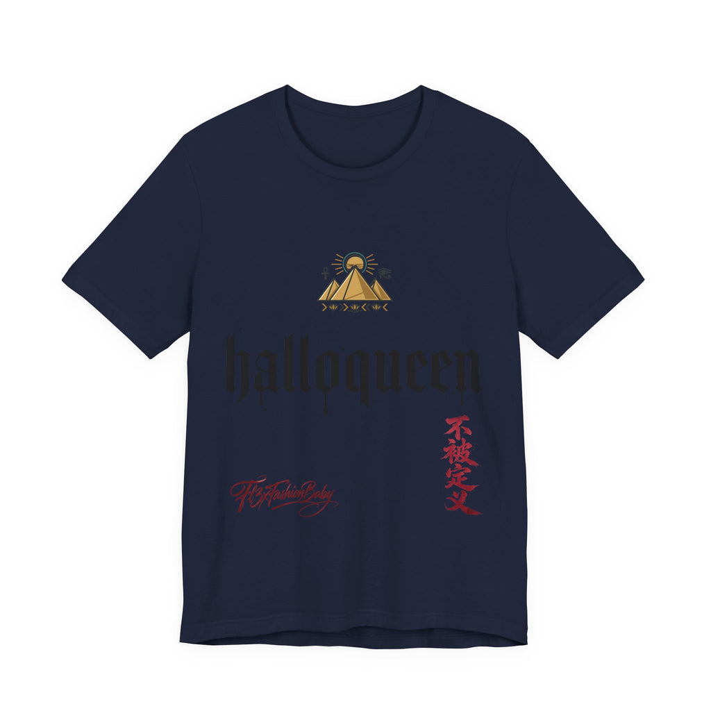 Halloqueen Graphic Tee — Gothic Script Halloween T‑Shirt with Pyramid & Asian Calligraphy