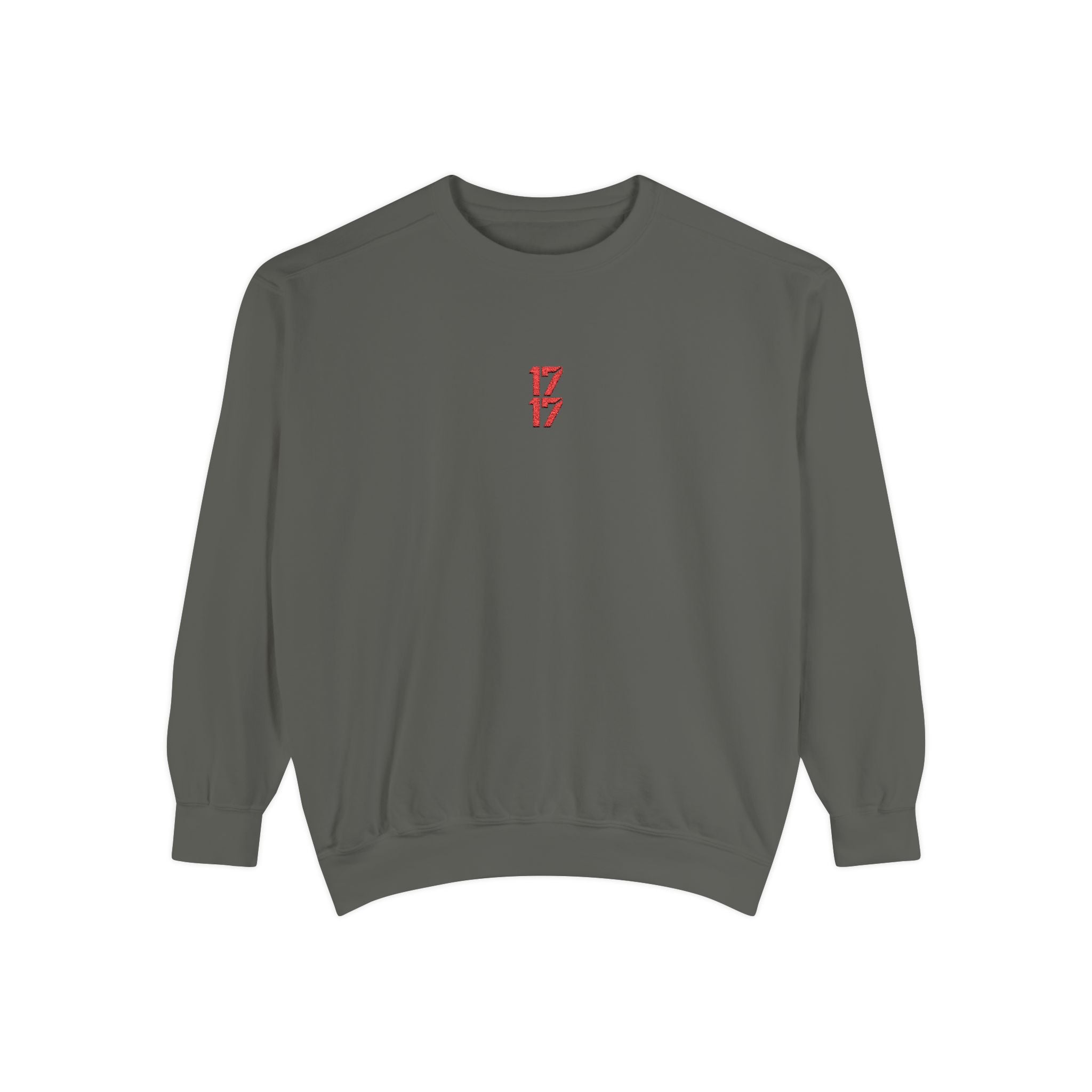Sweatshirt — Minimal Red "17/17" Chest Logo Garment-Dyed Crew