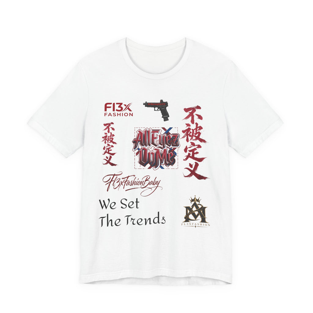 Graphic Tee — 'We Set The Trends' Streetwear T-Shirt with Asian Script & Gun Motifs
