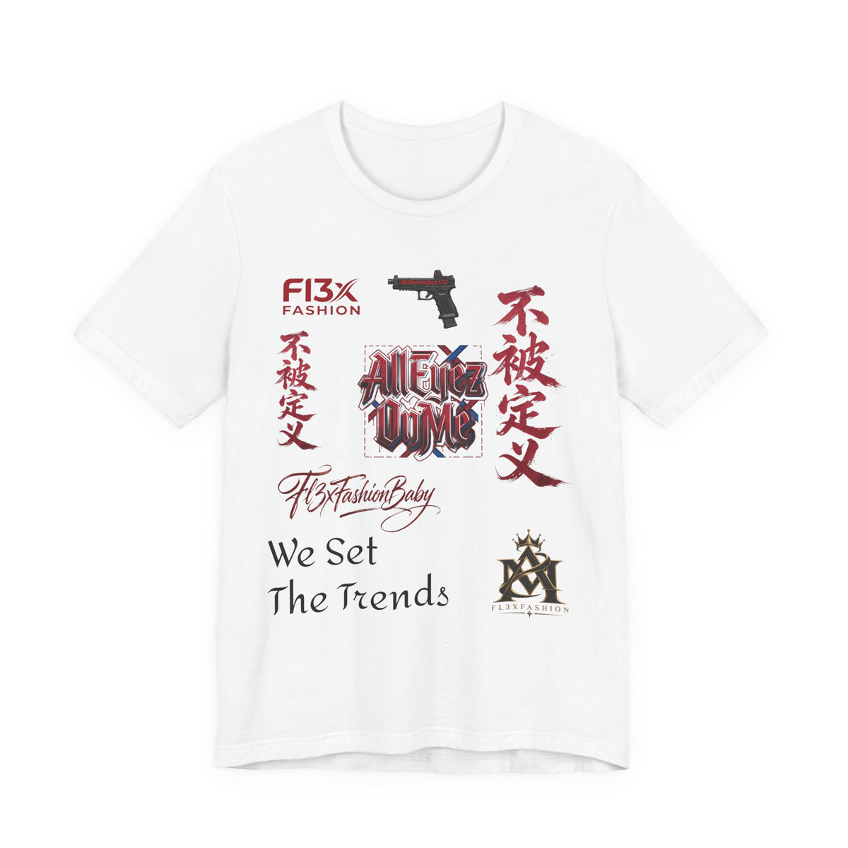 Graphic Tee — 'We Set The Trends' Streetwear T-Shirt with Asian Script & Gun Motifs