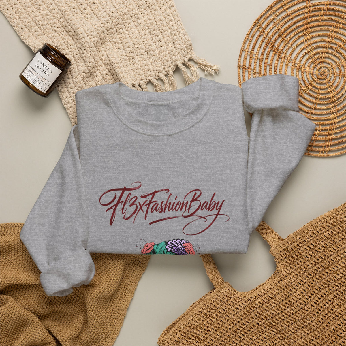 Crewneck Sweatshirt — Floral Femme Portrait “FitFashionBaby” Graphic