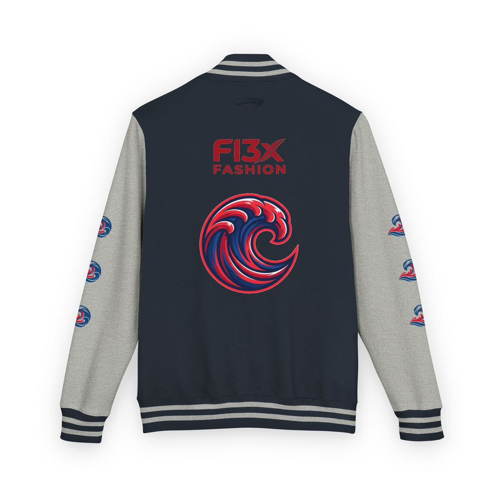 Letterman Jacket — Red Wave Graphic Varsity Jacket with 'F13X Fashion' Logo