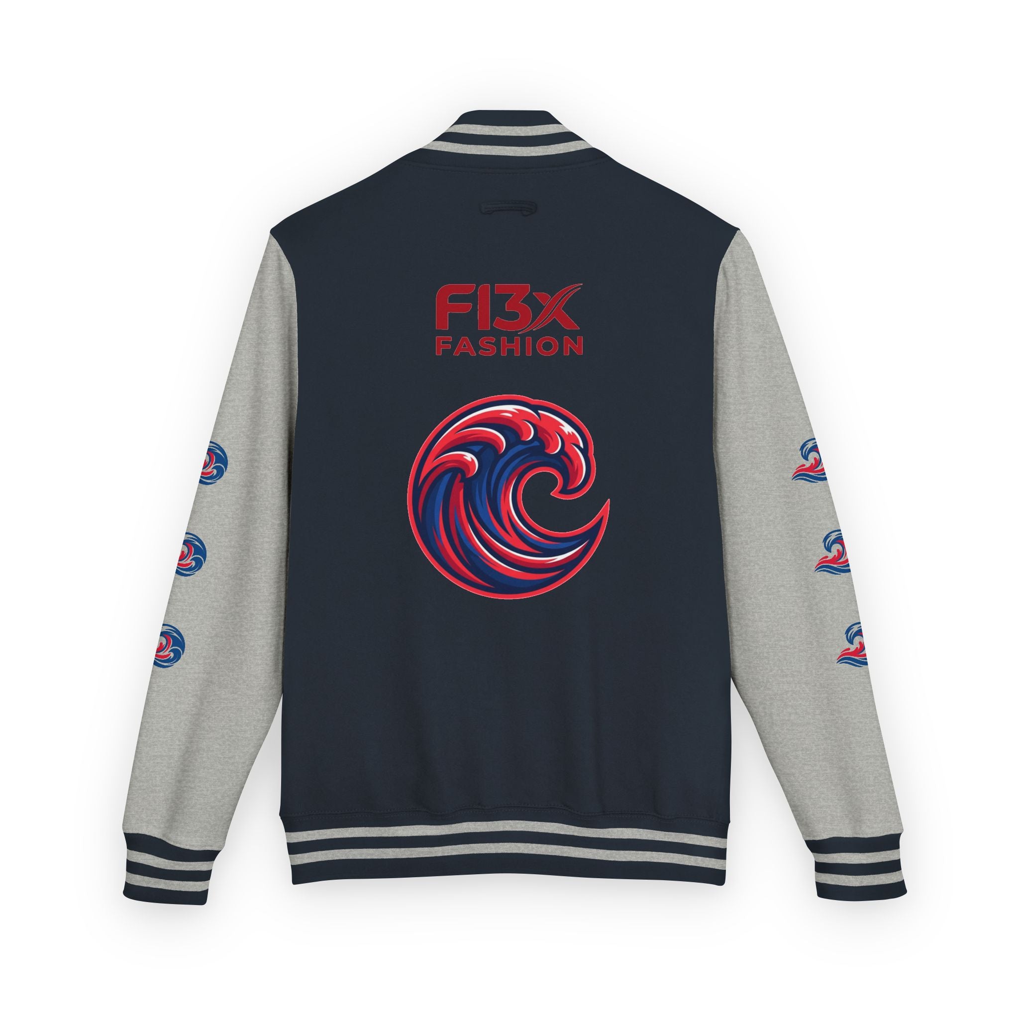 Letterman Jacket — Red Wave Graphic Varsity Jacket with 'F13X Fashion' Logo