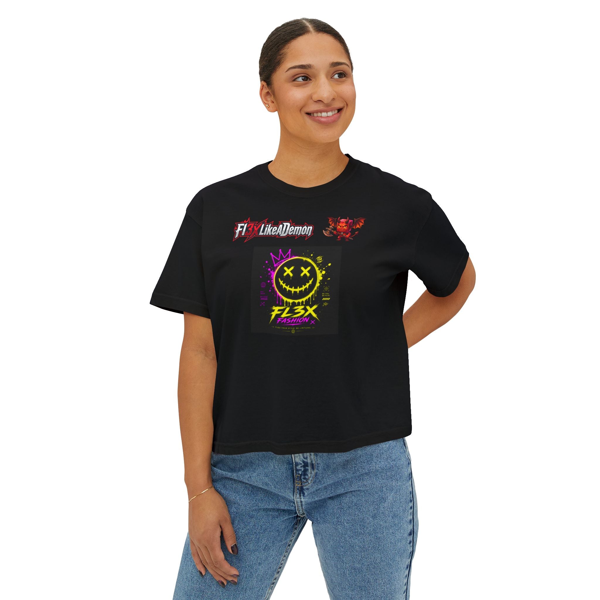 Women's Boxy Tee - Neon Smiley "FL3X" Graphic Streetwear