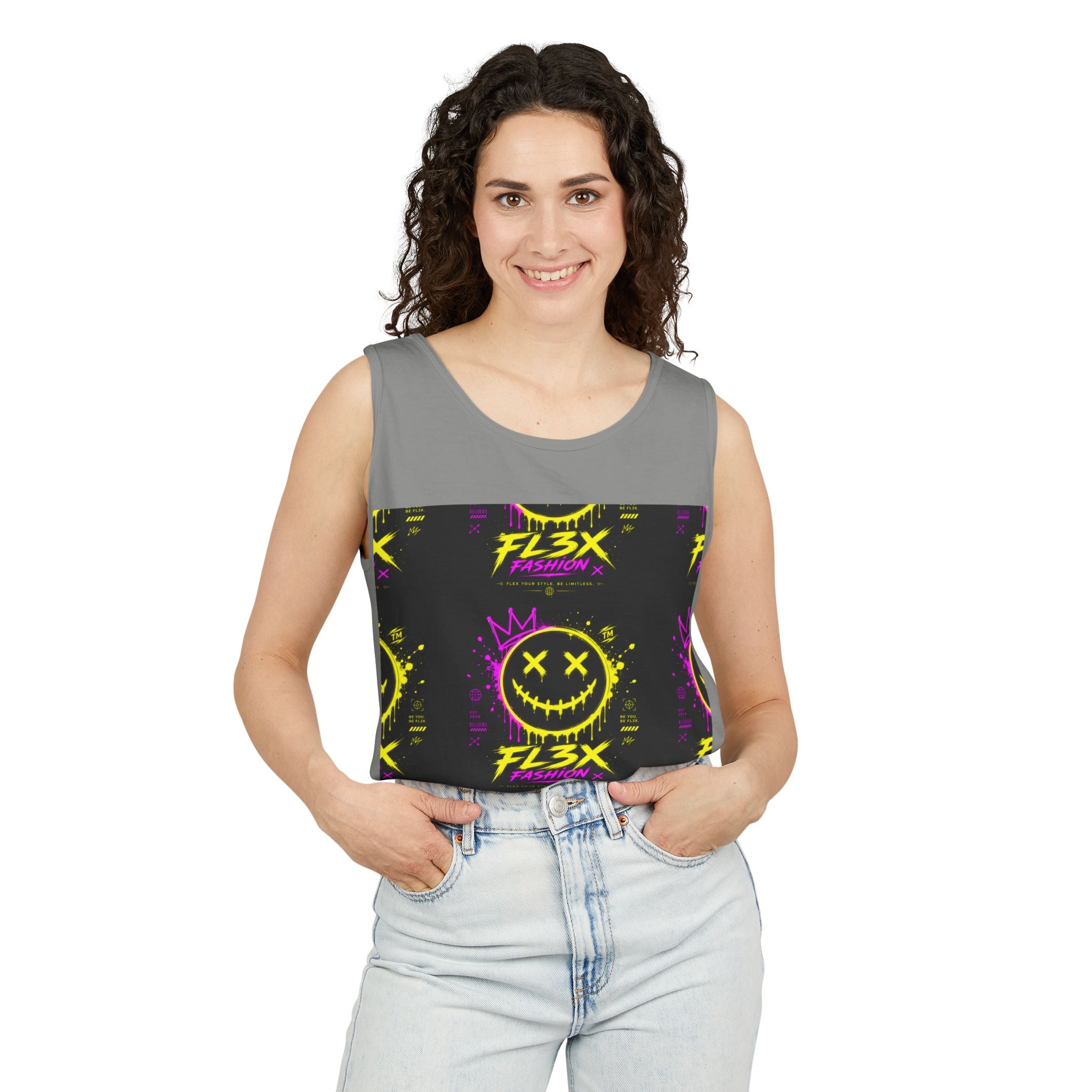 FL3X Fashion Graphic Tank Top — Neon Smiley & Devil Logo Streetwear