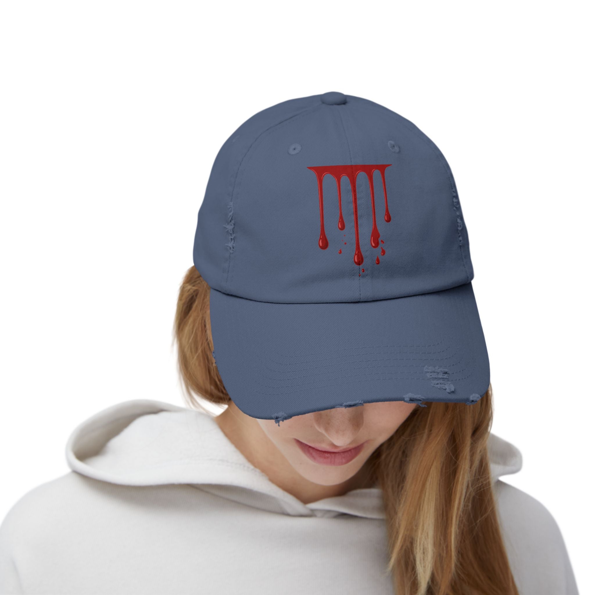Distressed Black Cap with Red Drip Graphic – Gothic Blood Drip Hat