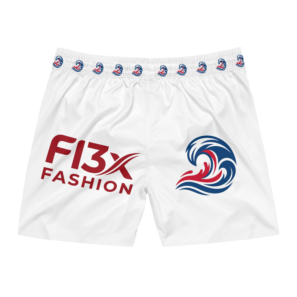 Men's Swim Shorts — Red & Blue Wave Logo Boardshorts with 'F13X Fashion' & 'ImaSoldier'