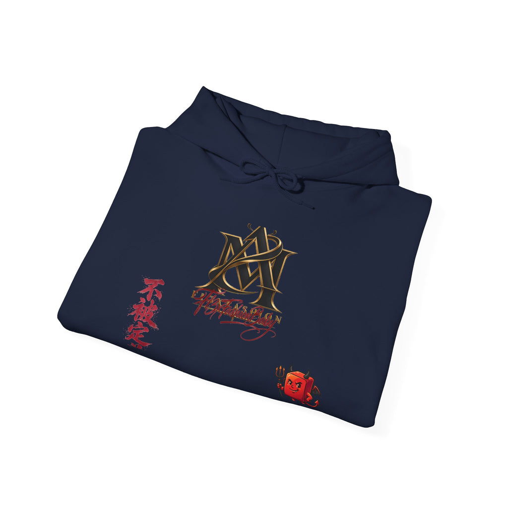 Japanese Calligraphy Logo Hoodie — Kanji "不撓不屈" Design with Red Rose Accent
