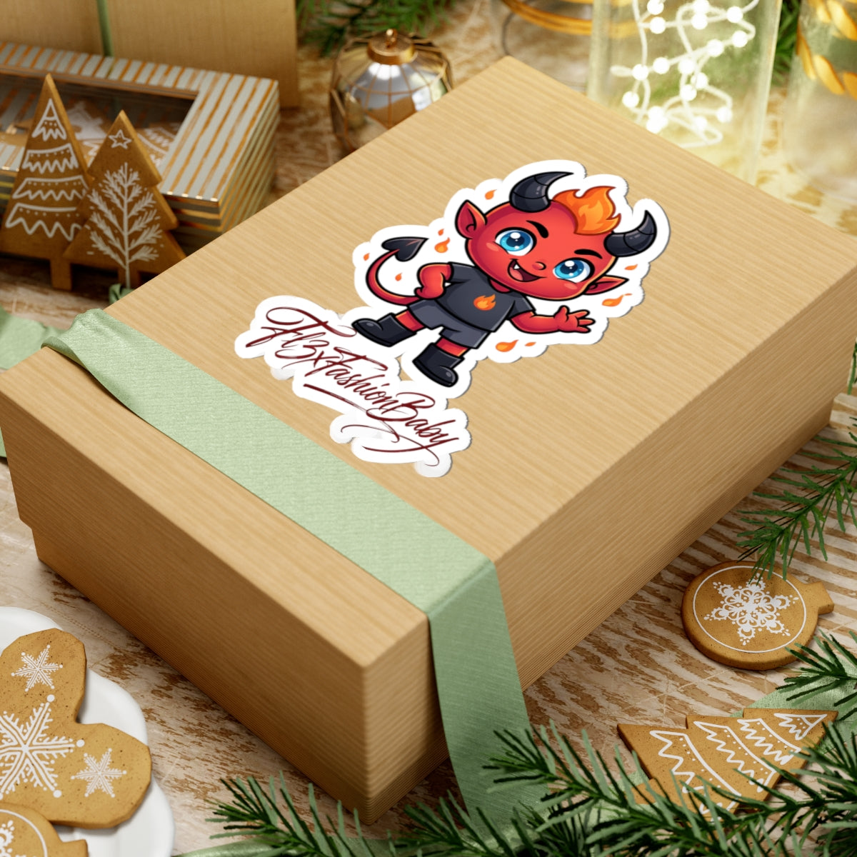 Cute Devil Character Kiss-Cut Sticker — "FlxFashionBaby" Logo