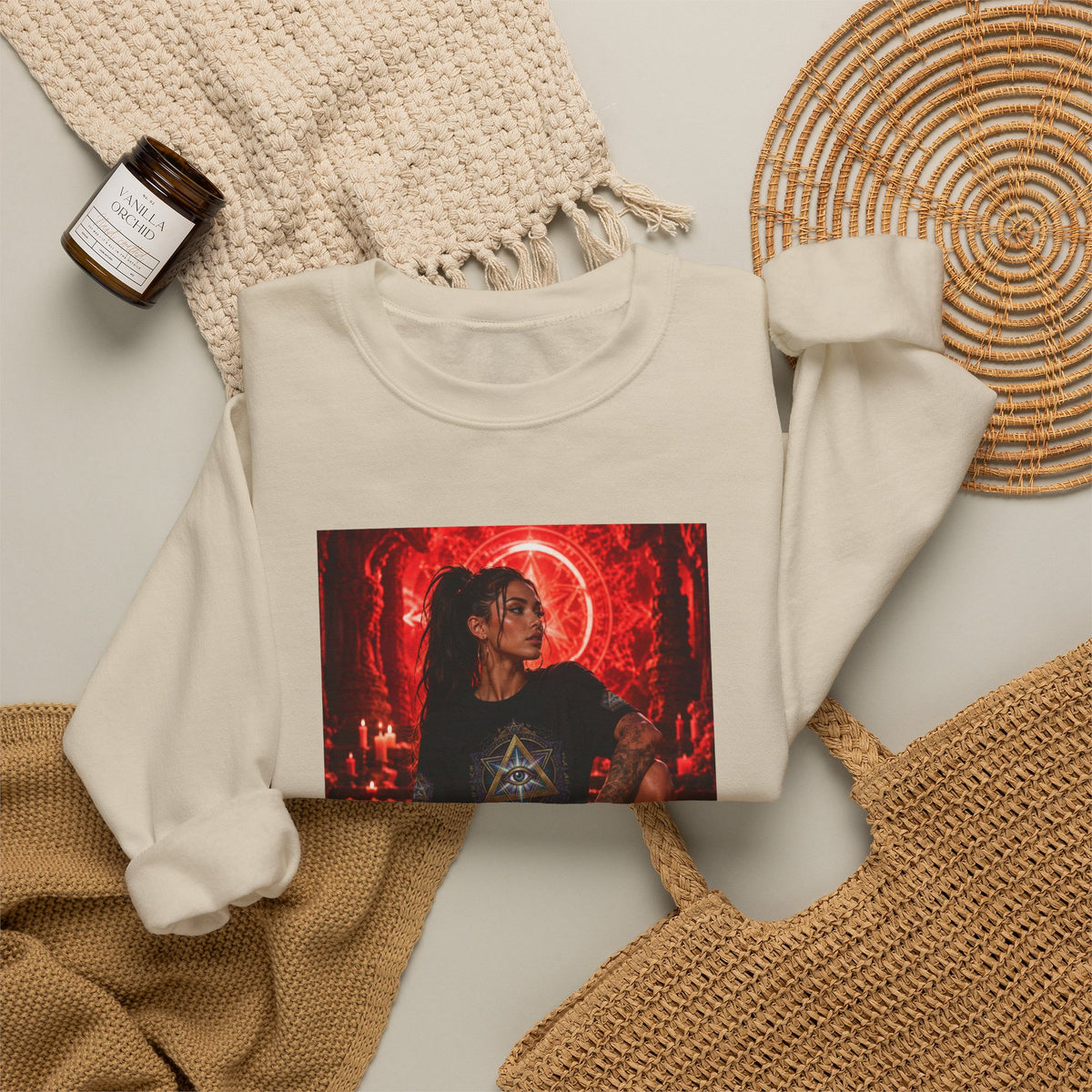 Crewneck Sweatshirt — Gothic Red Neon Angel Photo Print