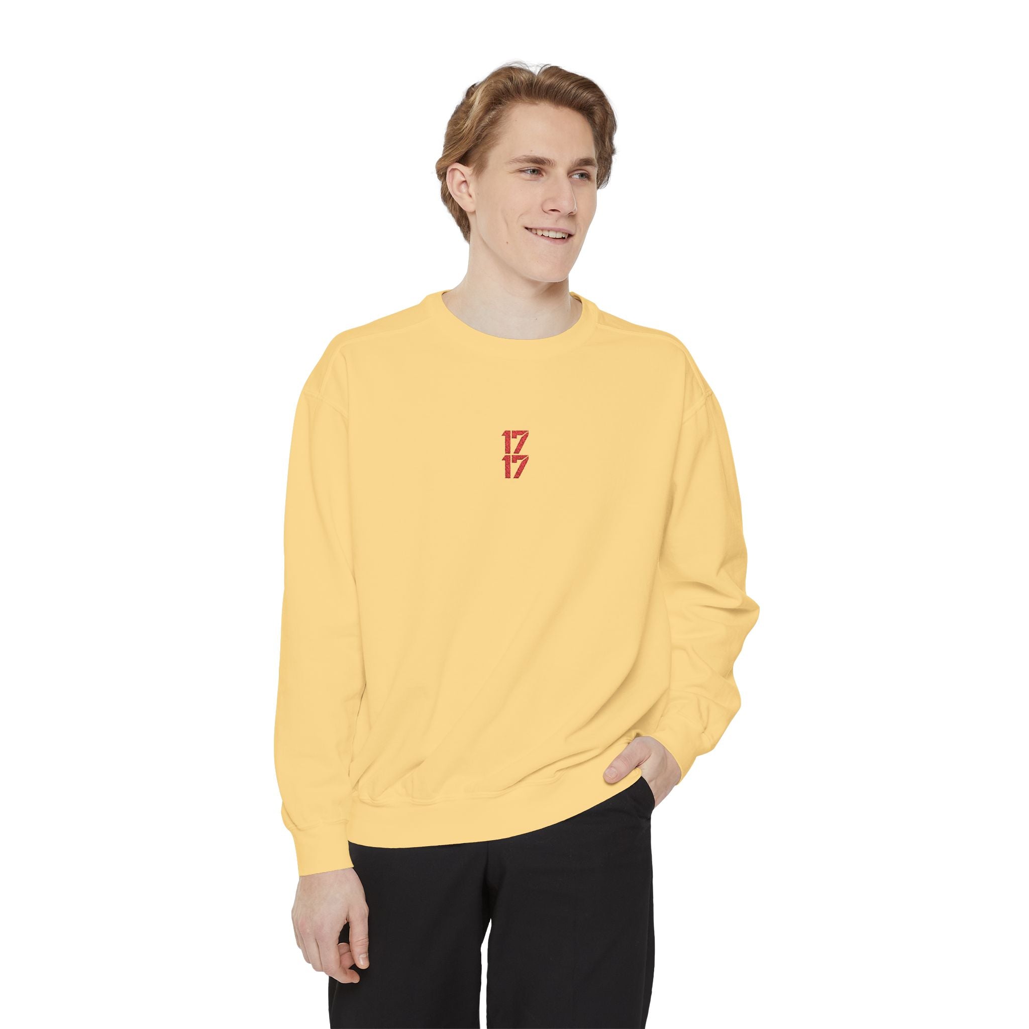 Sweatshirt — Minimal Red "17/17" Chest Logo Garment-Dyed Crew