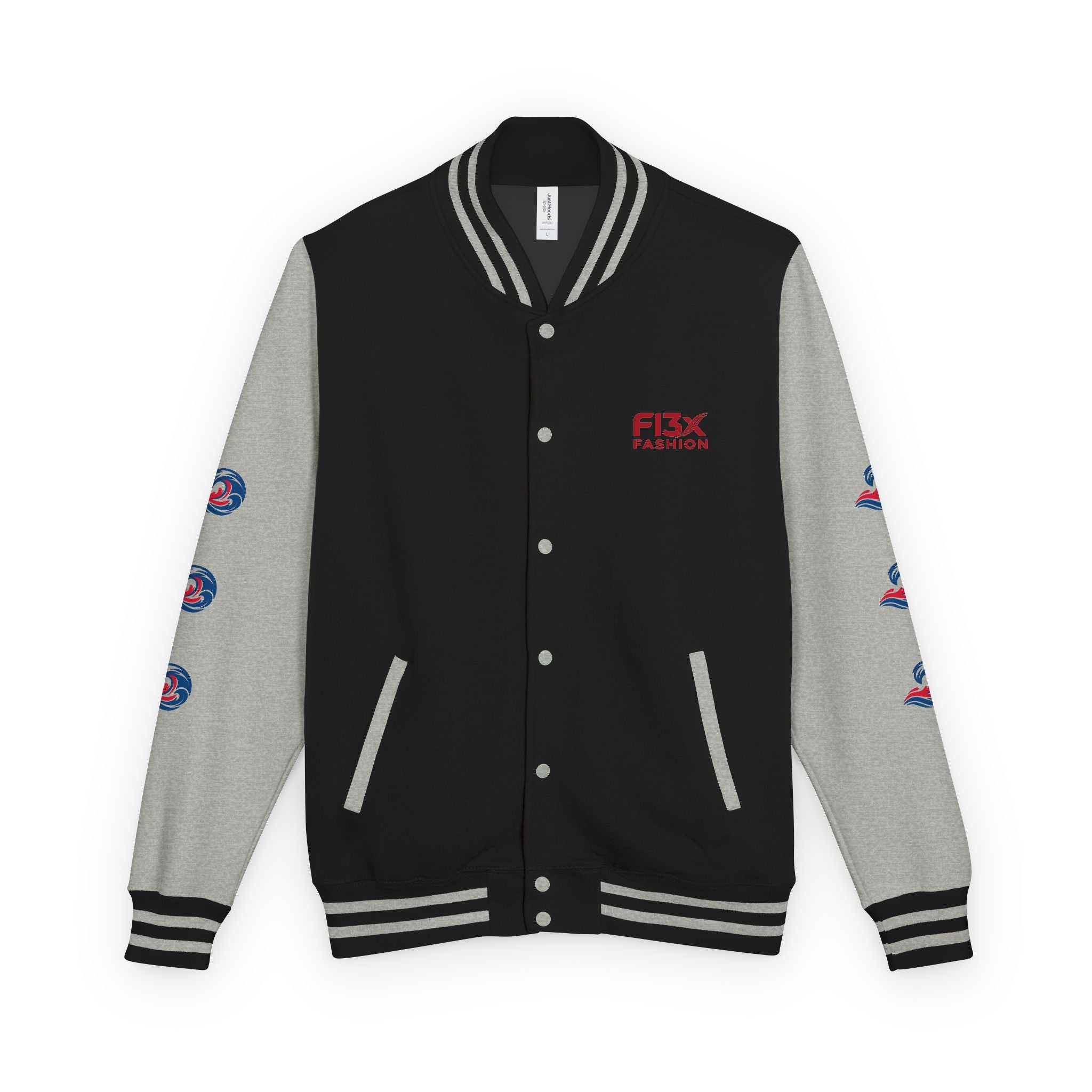 Letterman Jacket — Red Wave Graphic Varsity Jacket with 'F13X Fashion' Logo