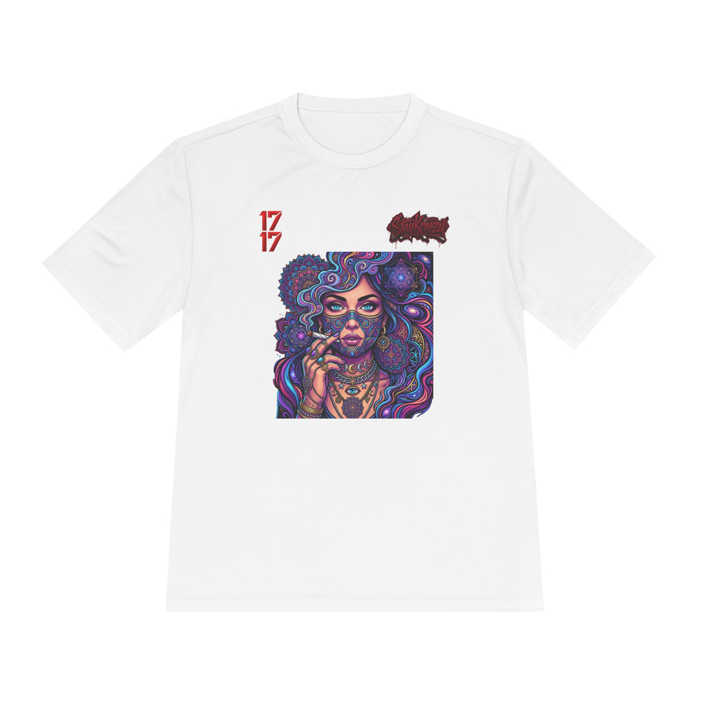 Psychedelic Woman Graphic Tee — Retro Cosmic Portrait Moisture‑Wicking Shirt