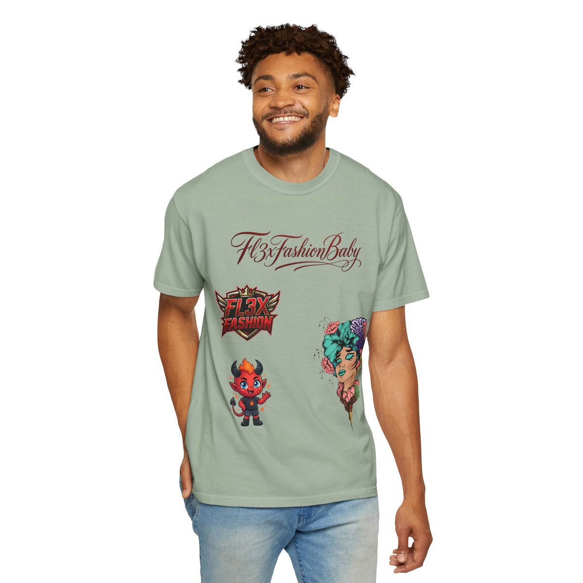Artistic Floral Portrait T-Shirt — 'Fl3xFashionBaby' Graphic Tee