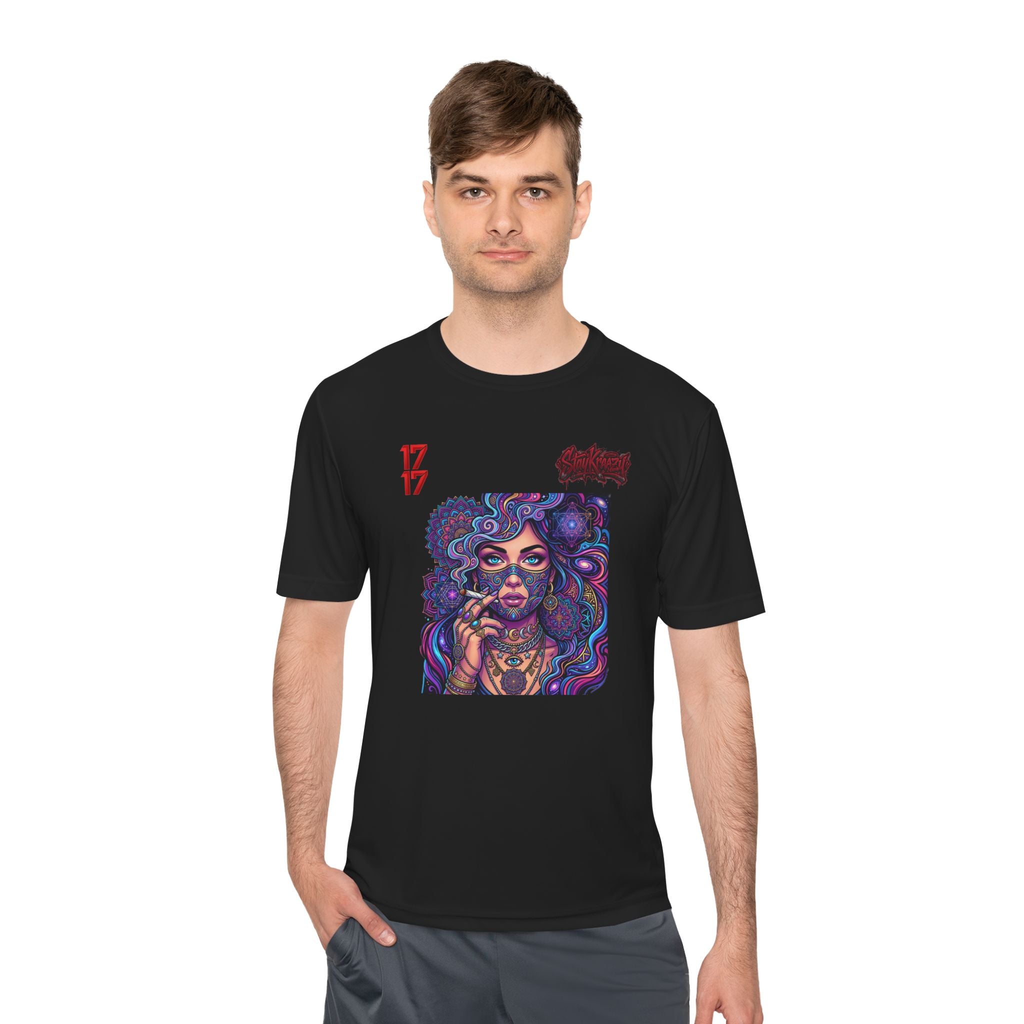 Psychedelic Woman Graphic Tee — Retro Cosmic Portrait Moisture‑Wicking Shirt