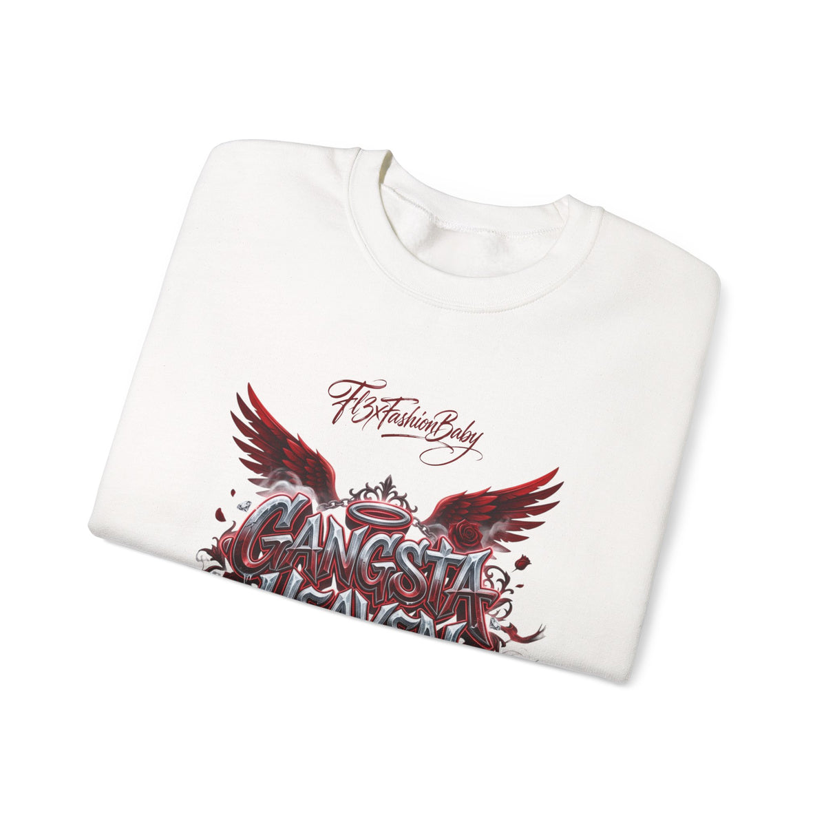 Crewneck Sweatshirt — 'Gangsta 4LsaVii' Gothic Wings Graphic