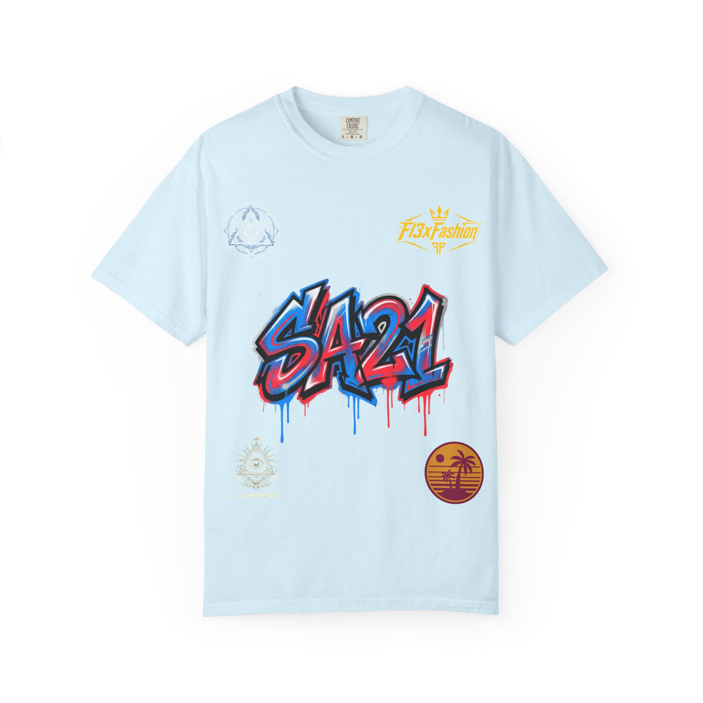 SA21 Graffiti T-Shirt — Urban Streetwear Tee with Drip Art & Tropical Patch