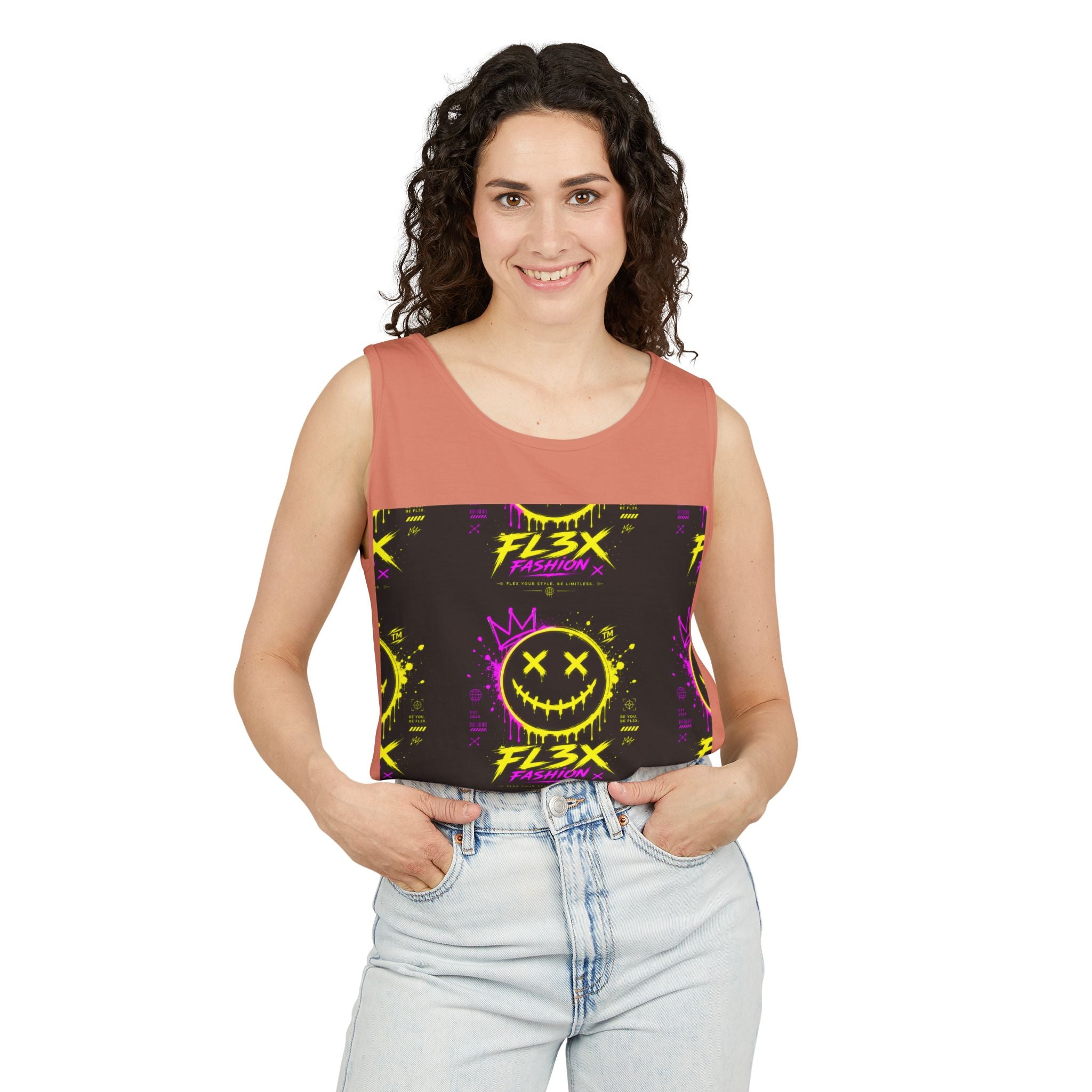 FL3X Fashion Graphic Tank Top — Neon Smiley & Devil Logo Streetwear