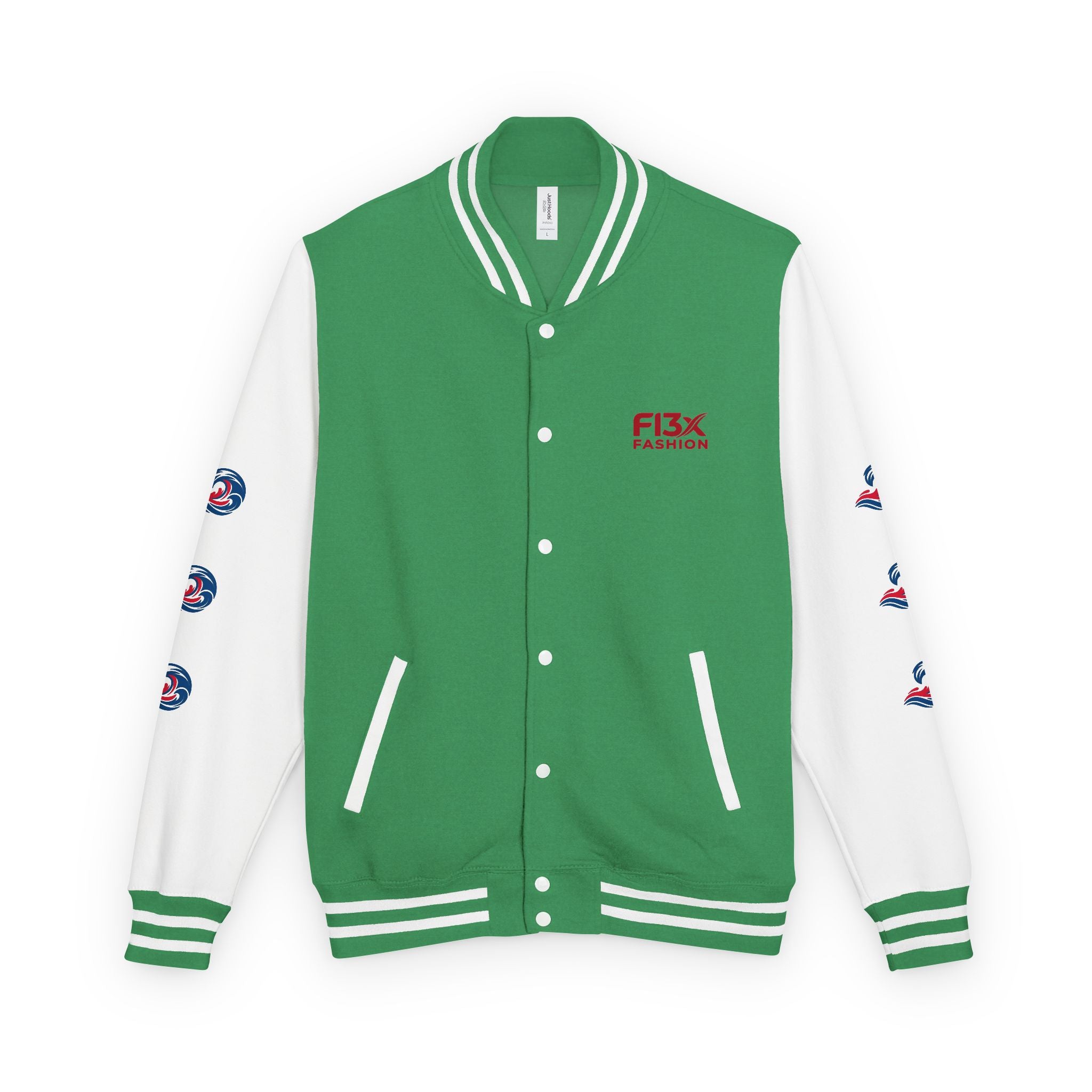 Letterman Jacket — Red Wave Graphic Varsity Jacket with 'F13X Fashion' Logo