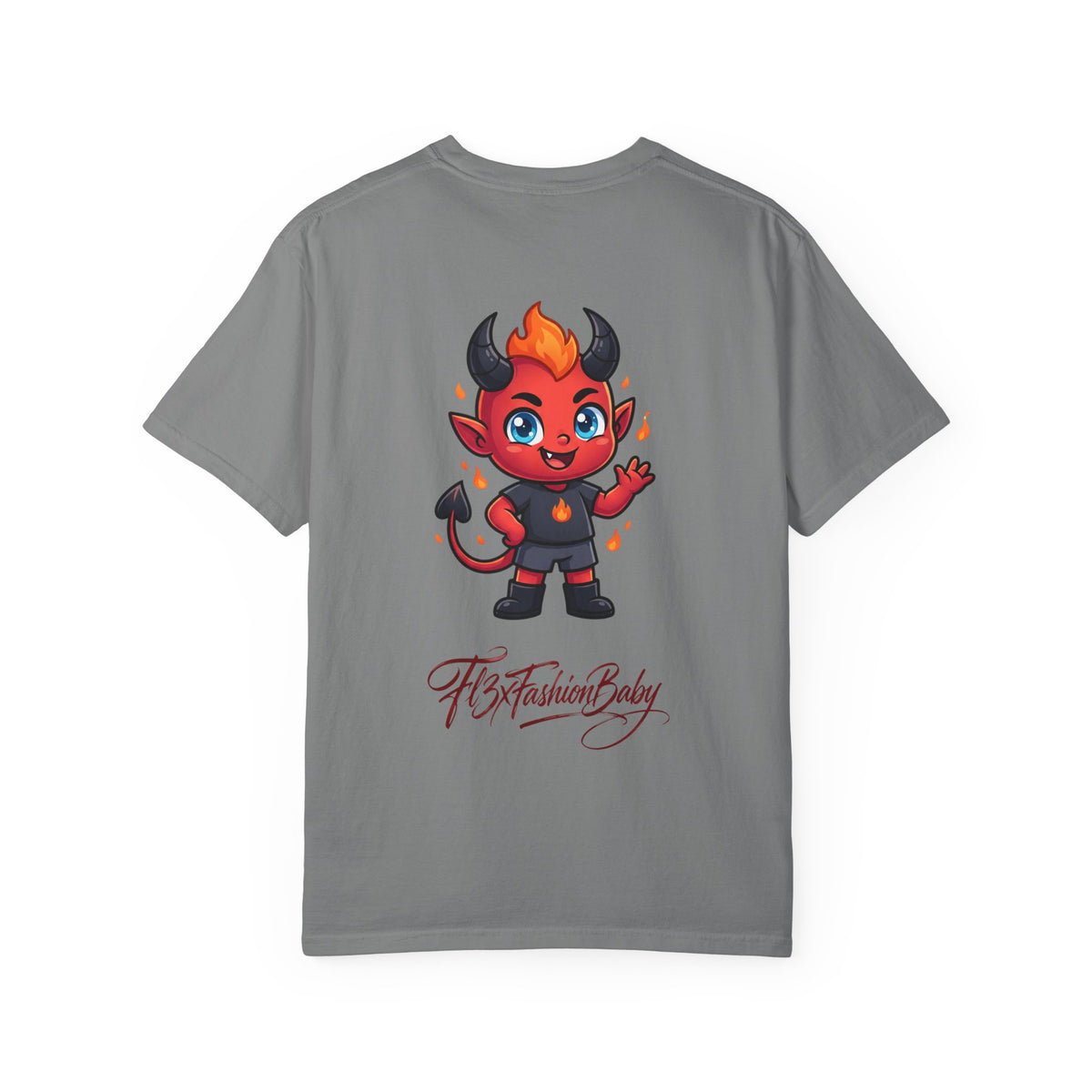 Devil Baby Graphic T-Shirt — Cute Red Demon Cartoon Tee with "FBfashionBaby" Script