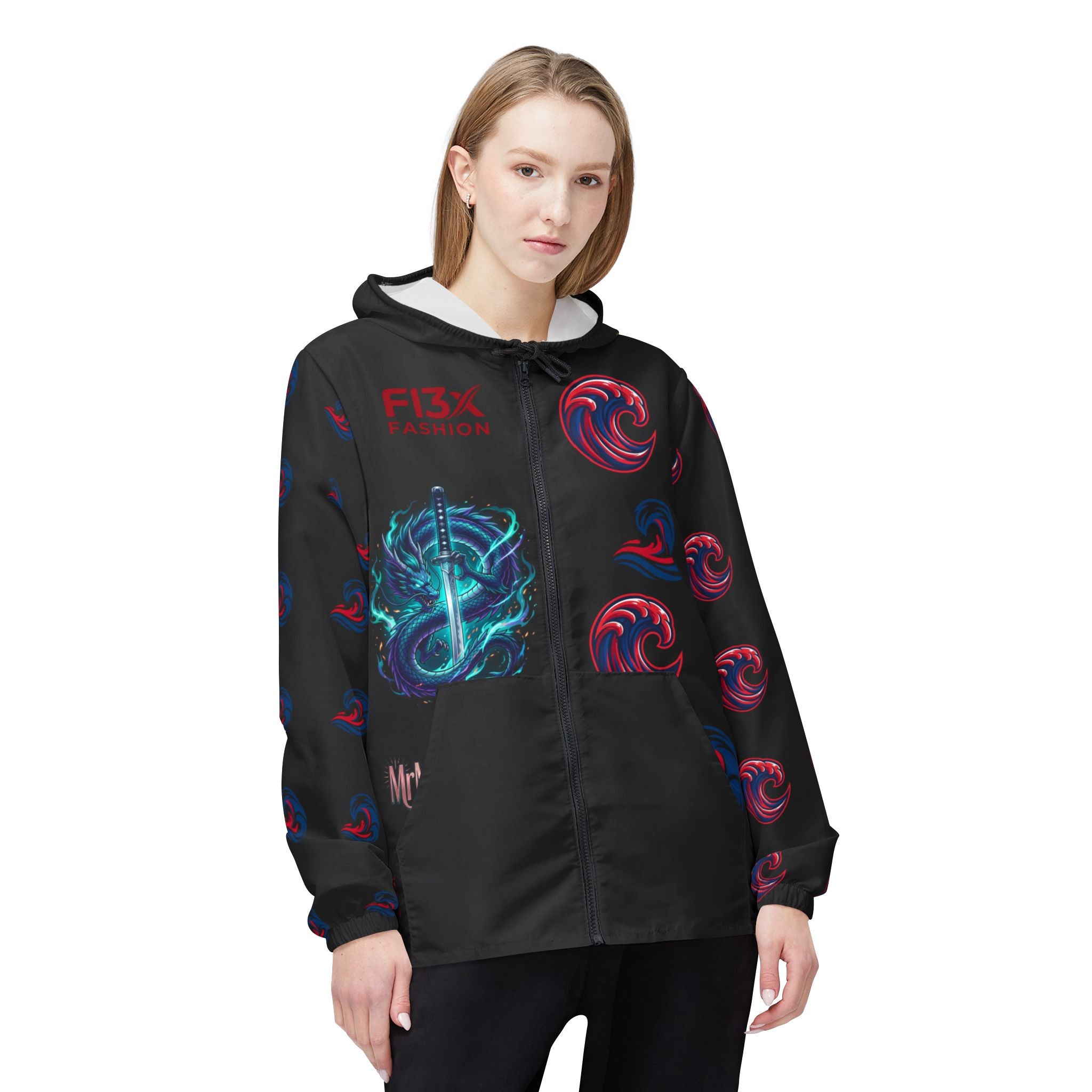 Dragon Sword Windbreaker Jacket — Neon Fantasy AOP Hooded Jacket